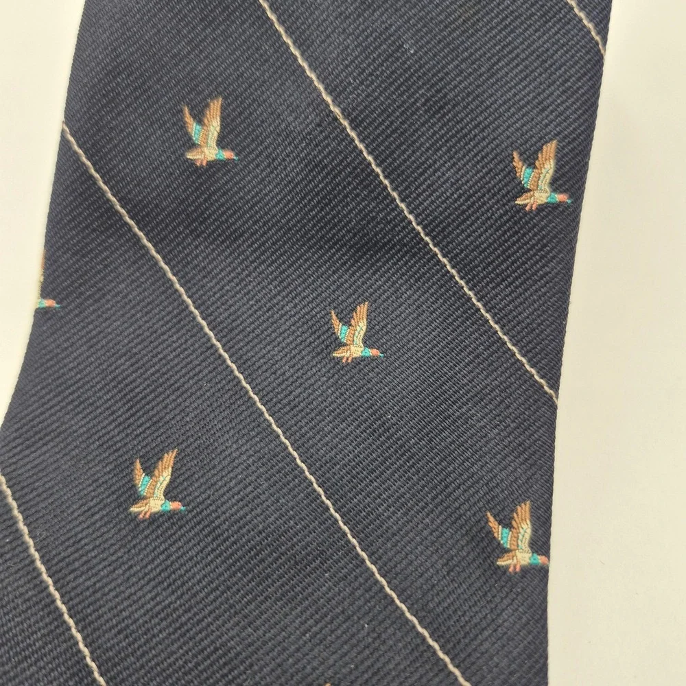 Roots Robert Talbott Mens Navy Blue Mallard Duck Pinstripe Silk Tie England